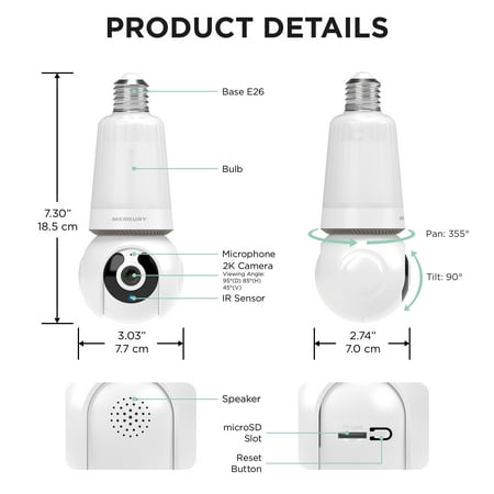 2K Light Bulb Security Camera, 360° Pan Tilt, 4MP HD Video, Night Vision, Motion Alerts, WiFi Smart Camera with LED Light