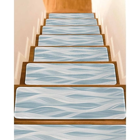 White Blue Ombre Stripe Stair Treads for Wooden Steps Indoor Runner Rug Carpet Modern Abstract Moire Waves 7 Pieces Peel and Stick Staircase Step Treads Covers Washable Throw Door Mats 30 x8