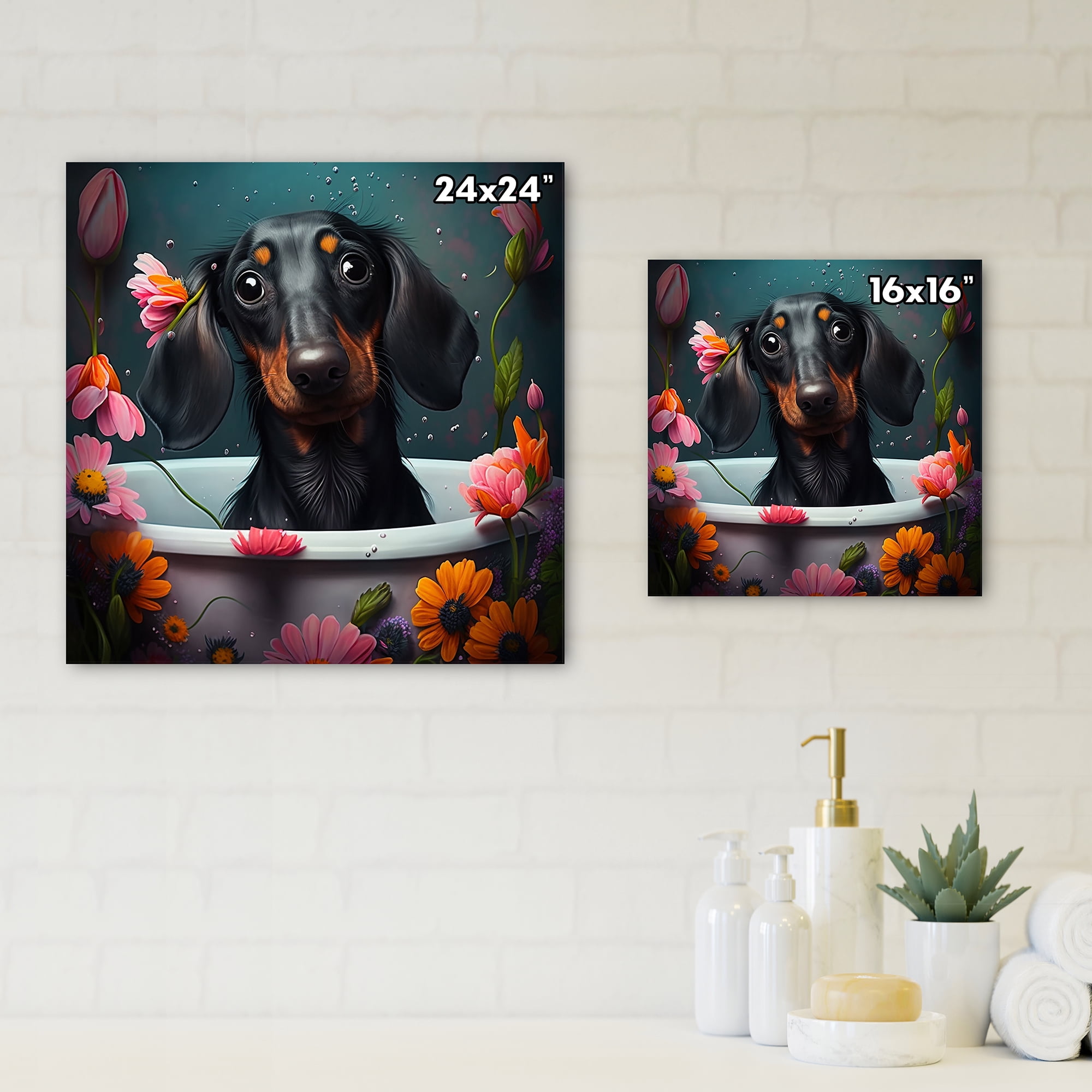 Designart Funny Dog In The Bath With Blooming Flowers I Canvas Wall Art