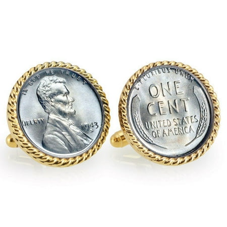 1943 Lincoln Steel Penny Goldtone Rope Bezel Coin Cuff Links