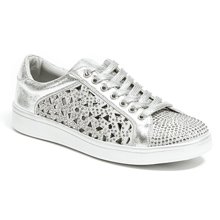 Couture Makeup - LADY COUTURE WOMENS LOW TOP LASER CUT SNEAKER W/ RHINESTONES, SILVER, 38