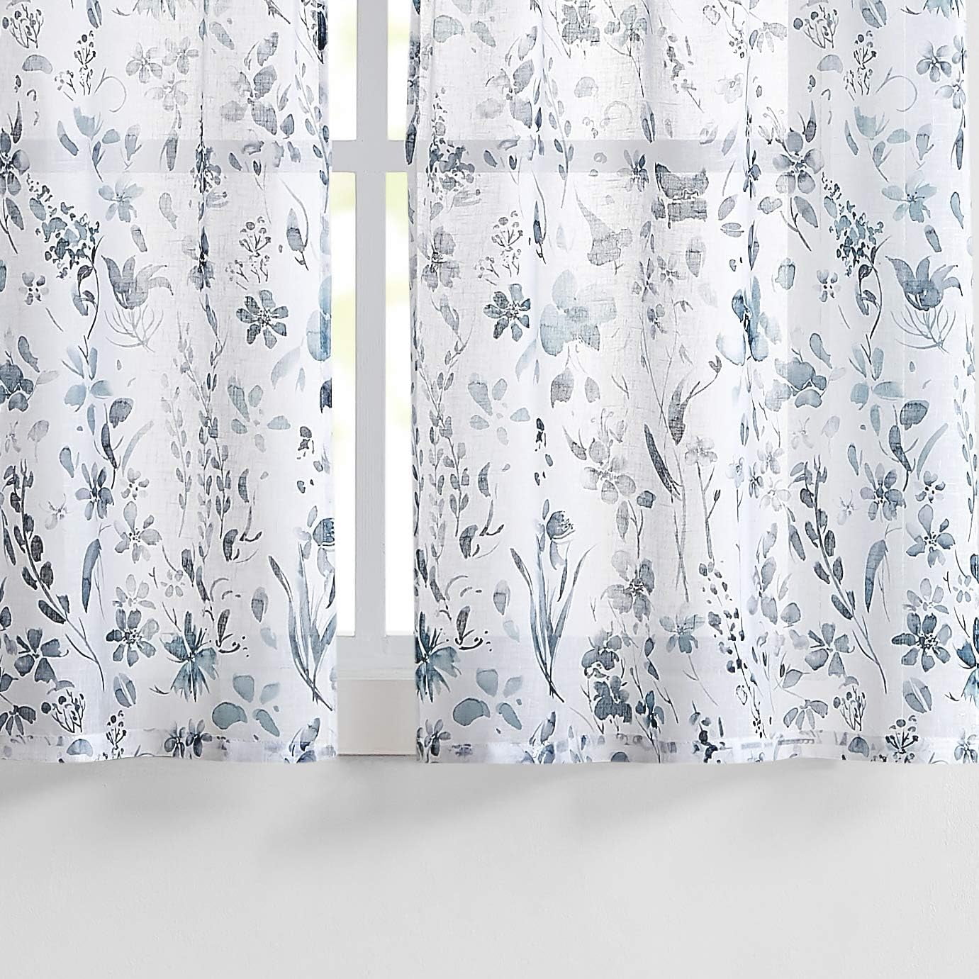 Blue and Grey Floral Small Window Curtains for Bathroom Kitchen Curtains 24 inch Length Print Flower Sheer Cafe Curtain Window Treatment Set for Bathroom,28" W x 24" L 2 Panels Rod Pocket