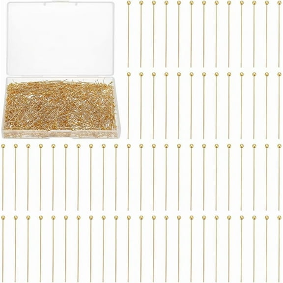 About 1000Pcs Ball Head Pins 30mm Straight Head Pin Golden Wire Pins Metal End Head Pins Findings Wire Headpins Earring DIY Making Pins for Jewelry Making