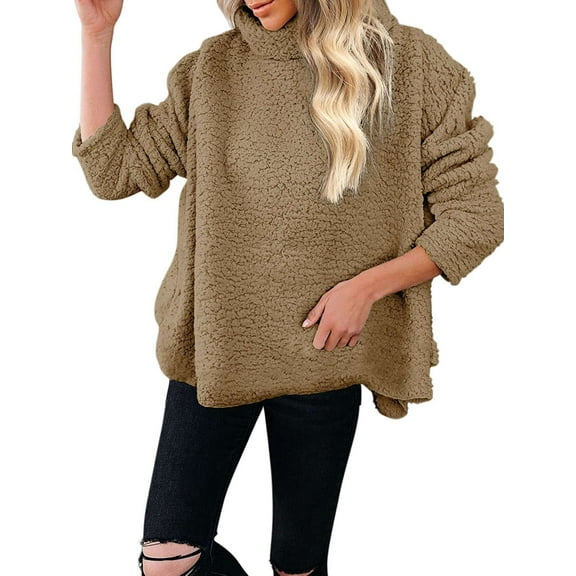 LAVA Women's Turtleneck Flee Sweater 2023 Fall Long Batwing Sleeve Spilt Hem Tunic Pullover Jumper Tops Khaki XL