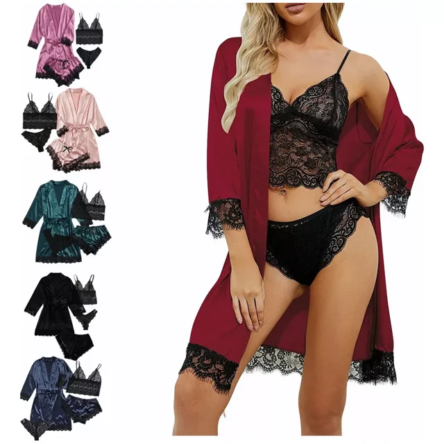Conjunto De Pijama De 4 Piezas Para Mujer Con Ribete De Enca