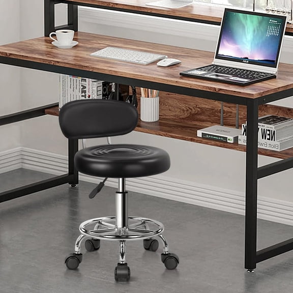 Leather Modern Rolling Stool with Low Back Height Adjustable Work Salon Drafting Swivel Task Chair with Footrest (White)
