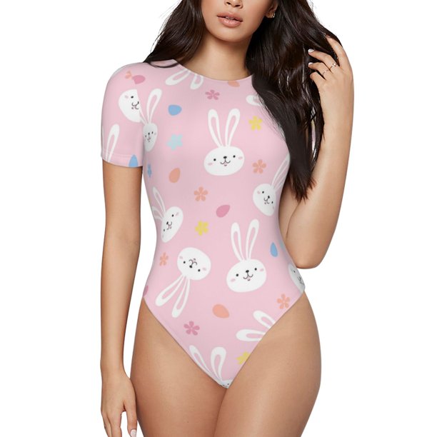 Fotbe Easter Cute Rabbit Body de Mujer con Cuello Redondo y Mangas Cortas, Sin Mangas Ajustado, Suave, Cómodo y Básico-Small