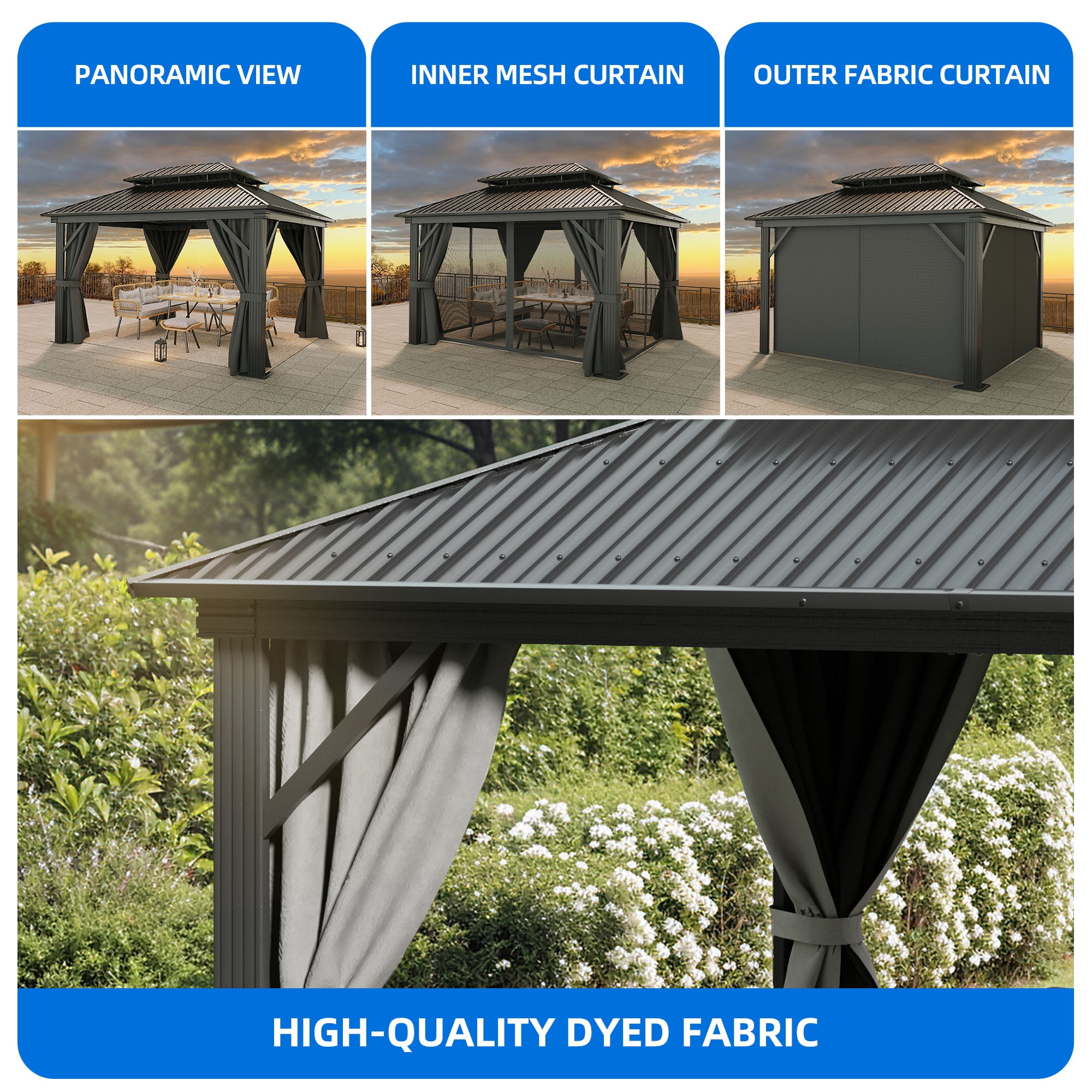 Dextrus 12x16 FT Outdoor Double Roof Hardtop Gazebo,Heavy Duty Galvanized Steel Patio Gazebo with Netting & Gray Curtains, Sunshade for Garden, Patio, Lawns, Black&Gray