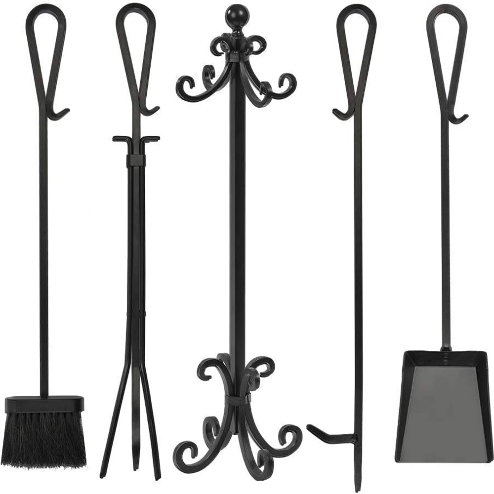 Amagabeli 5 Pieces Scroll Fireplace Tools Cast Iron Indoor Firewood Tools with Log Holder Outdoor Fireset Pit Stand Large Tongs Shovel Antique Broom Chimney Poker Wood Stove Hearth Accessories Black - image 4 of 7