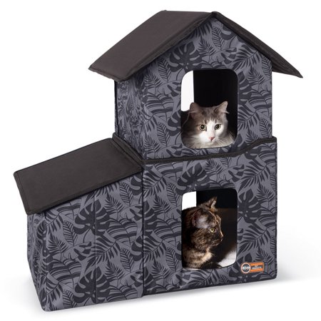 UPC: 0655199636709 | K&H Pet Products Two-Story Outdoor Kitty House with Dining Room Unheated Gray Leaf 22 X 27 X 27 Inches