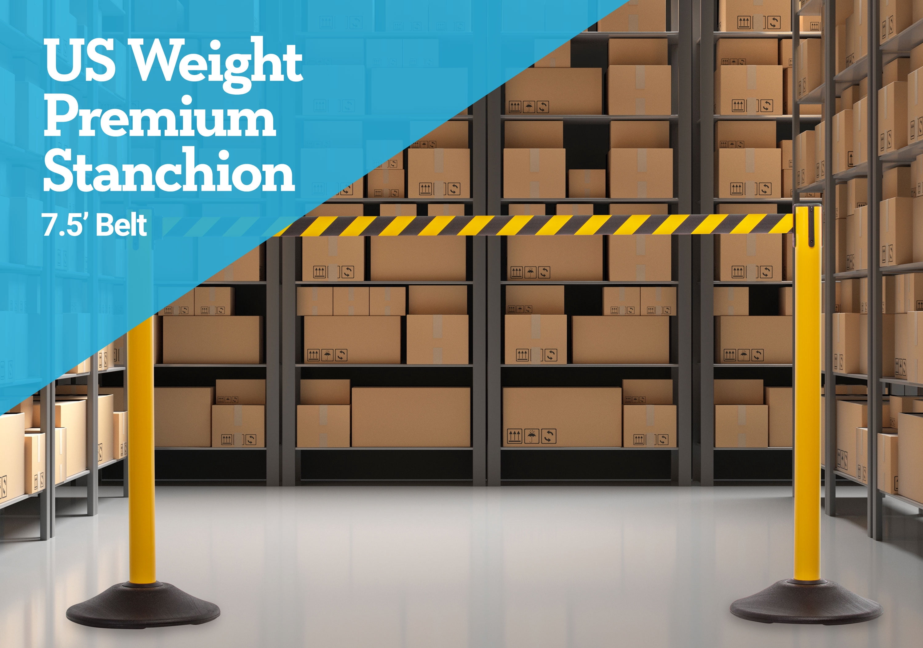 US Weight Heavy Duty Yellow Premium Steel Stanchion with 7.5-Foot Chevron Retractable Belt (Pack of 6)
