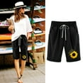 thumbnail image 2 of Drawstring Elastic High Waist Bermuda Shorts for Women Floral Print Cotton Linen Capri Shorts Plus Size with Pocket Black,XL, 2 of 6