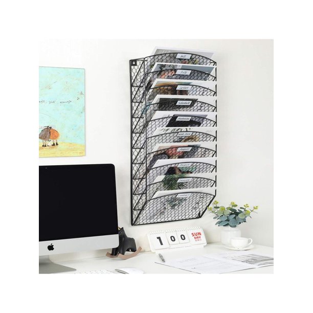 Office Wall Organizer Metal Chicken Wire Hanging File Holder Paper Mail Literature Rack, 10 Pockets, Black
