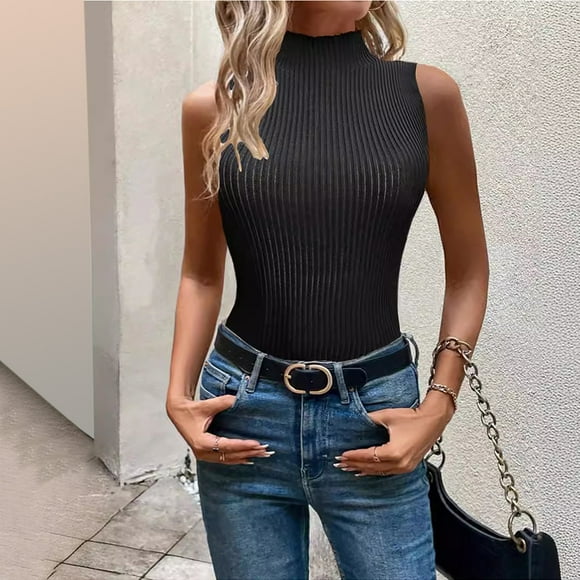 VKOYWKM Women's Tank Tops Mock Turtleneck Sleeveless Tops Slim Fit Solid Color Ribbed Knitted Tops Dressy Casual Summer Tank Tops