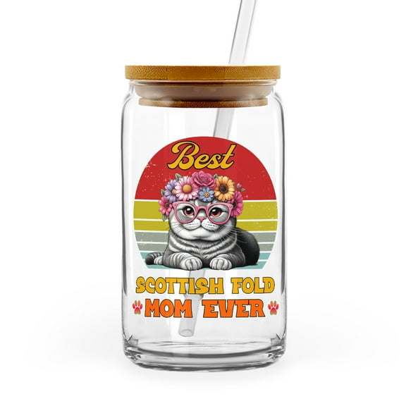 Best Scottish Fold Mom Ever Happy Mother's Day 16oz Glass Cup Mug Cat Lover Kitten Owner Gifts Glass Can with Bamboo Lid and Straw - 02002