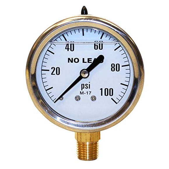 Merrill MFG PGLNL100 0-100 PSI No-Lead Liquid Filled Stainless Steel Case Pressure Gauge, Brass/Stainless Steel