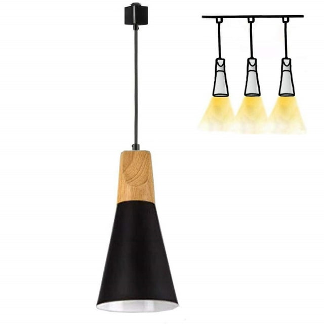 FSLiving H-Style Track Mount Pendant Fixture Scandinavian Style Pendant Lights for Kitchen Hanging Lamp Modern Wood and Aluminium Light Customizable,Black - 1 Light