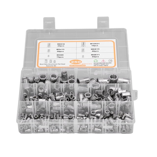 250PCS Rivet Nut 304 Stainless Steel Flat Head Insert Nut Assortment Kit M3 M4 M5 M6 M8 M10
