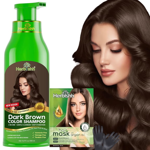 Herbishh Hair Color Shampoo for Gray Hair, 3-in-1 Dye with Conditioner, Ammonia-Free, Dark Brown, 500ml FREE Argan Hair Mask Pouch