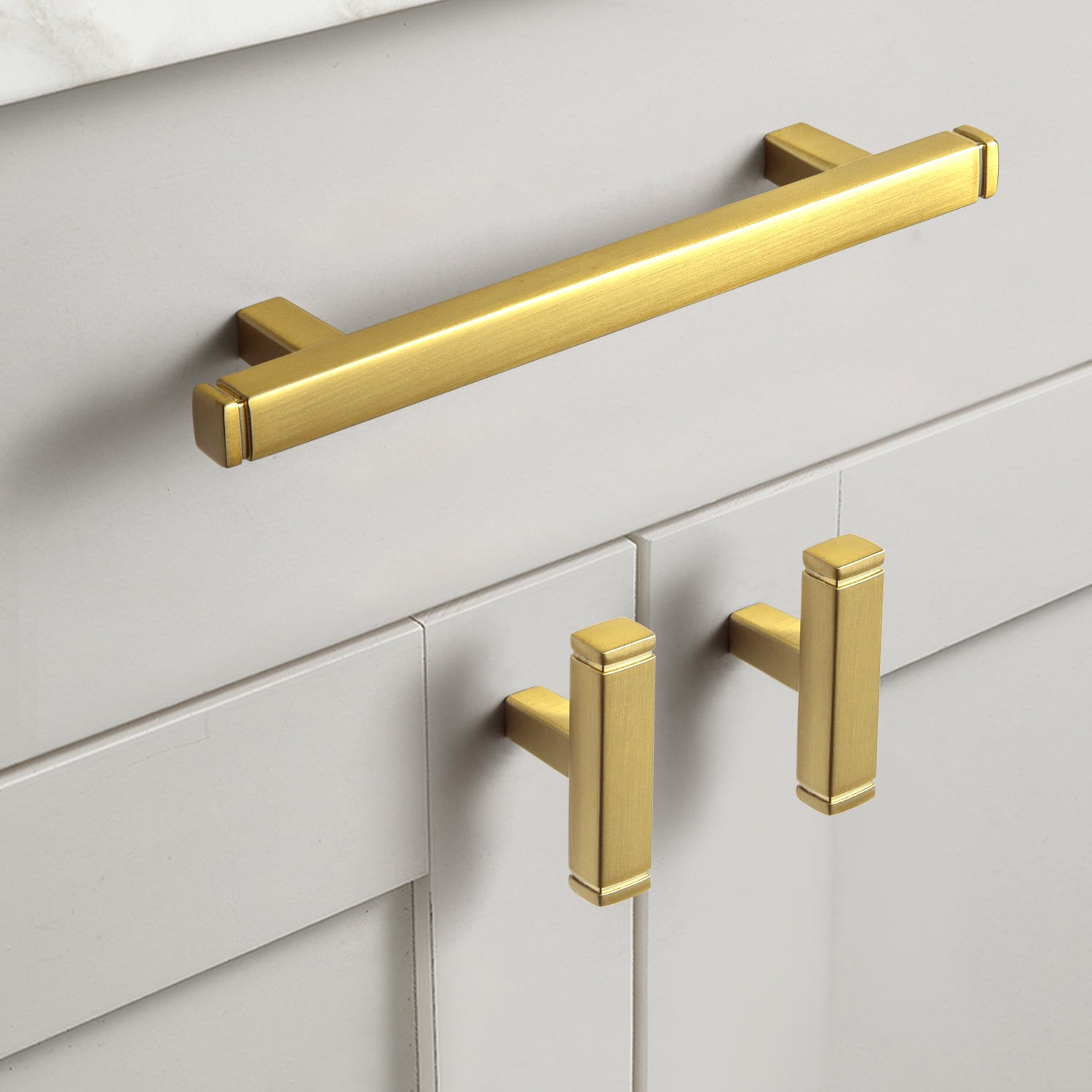 Goo-Ki 12-Pack Brushed Brass Drawer Handles 5 in (128mm) Hole Centers Straight Bar Pull, Solid Cabinet Handles for Kitchen Cabinets and Dresser Drawers
