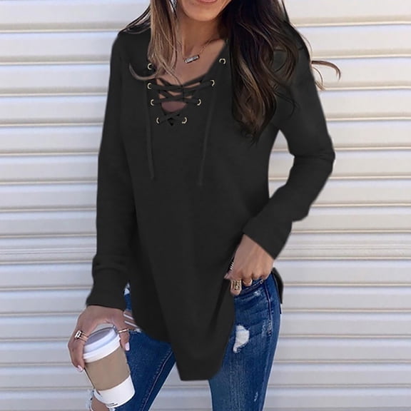 Dyfzdhu Long Sleeve T Shirts for Women Trendy V Neck Lace-Up Collar Loose Top Strappy Blouse Black