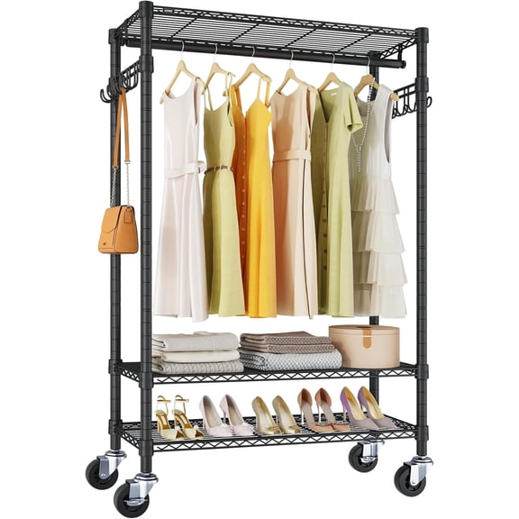 VIPEK R3 Heavy Duty Garment Rack with Lockable Wheels, 374LB Capacity Rolling Closet, Adjustable Shelves & Hanging Rod, Space-Saving Storage for Small Spaces, Black