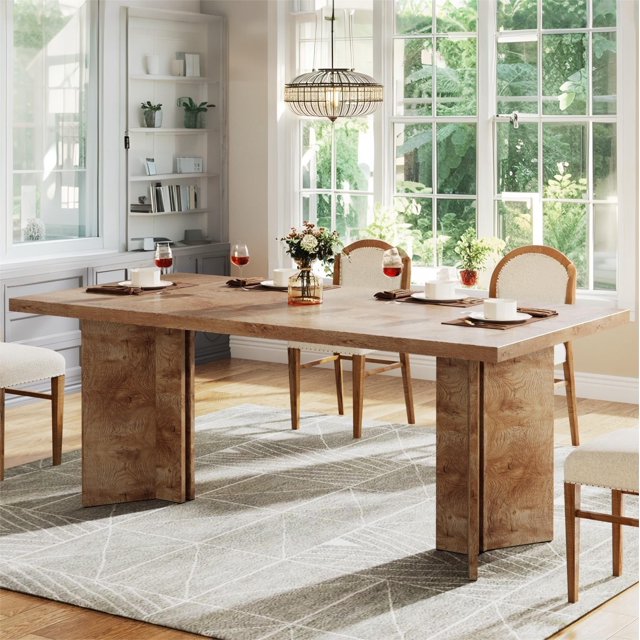 Fnova 63" Rectangular Modern Dining Table, Wooden Modern Kitchen Table for 6 People for Dining Room, Light Brown (Chairs Not Included)