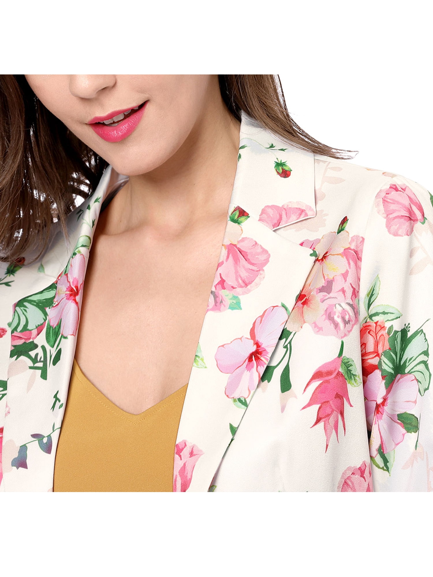 DARING DIVA Women's Elegant Notched Lapel Floral Print Blazer S White-Floral