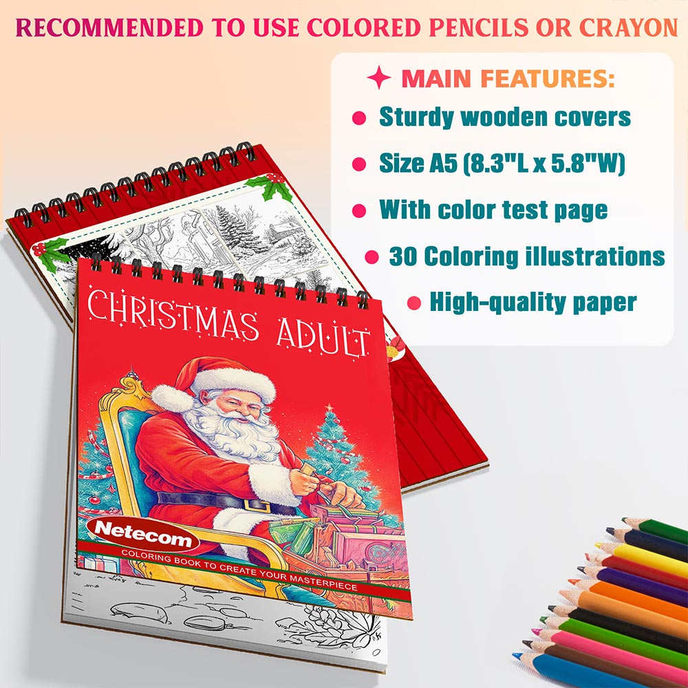 Netecom Christmas Adult Coloring Book Spiral Bound for Adults, A5 Wooden Cover, 30 Beautiful Coloring Pages of Warm Winter Homes for Stress Relief and Relaxation
