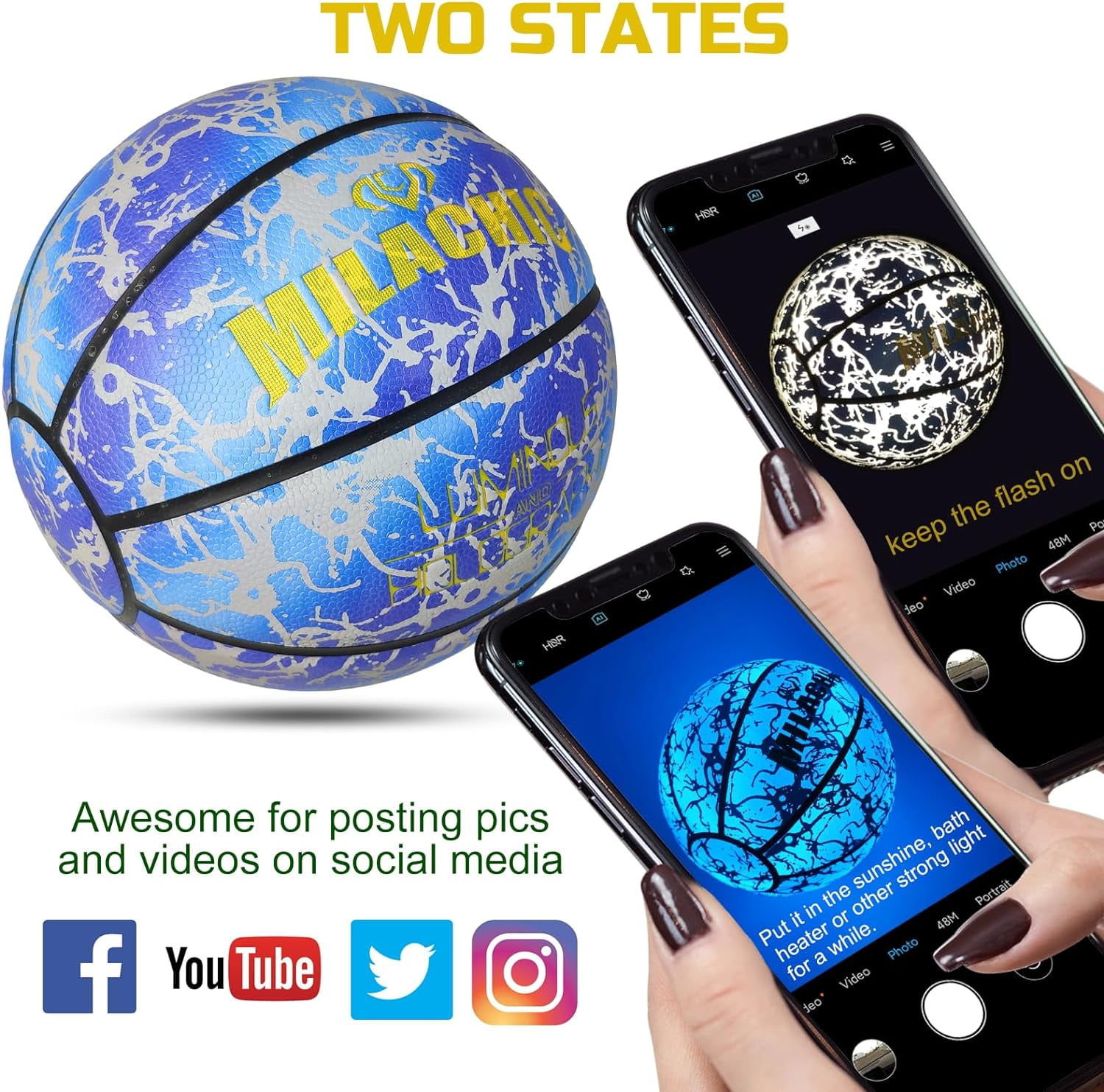 Basketball, Glow in The Dark Holographic Basketball, Official Size 7 Indoor Outdoor Luminous Glowing Leather Basketball 29.5" - with Pump