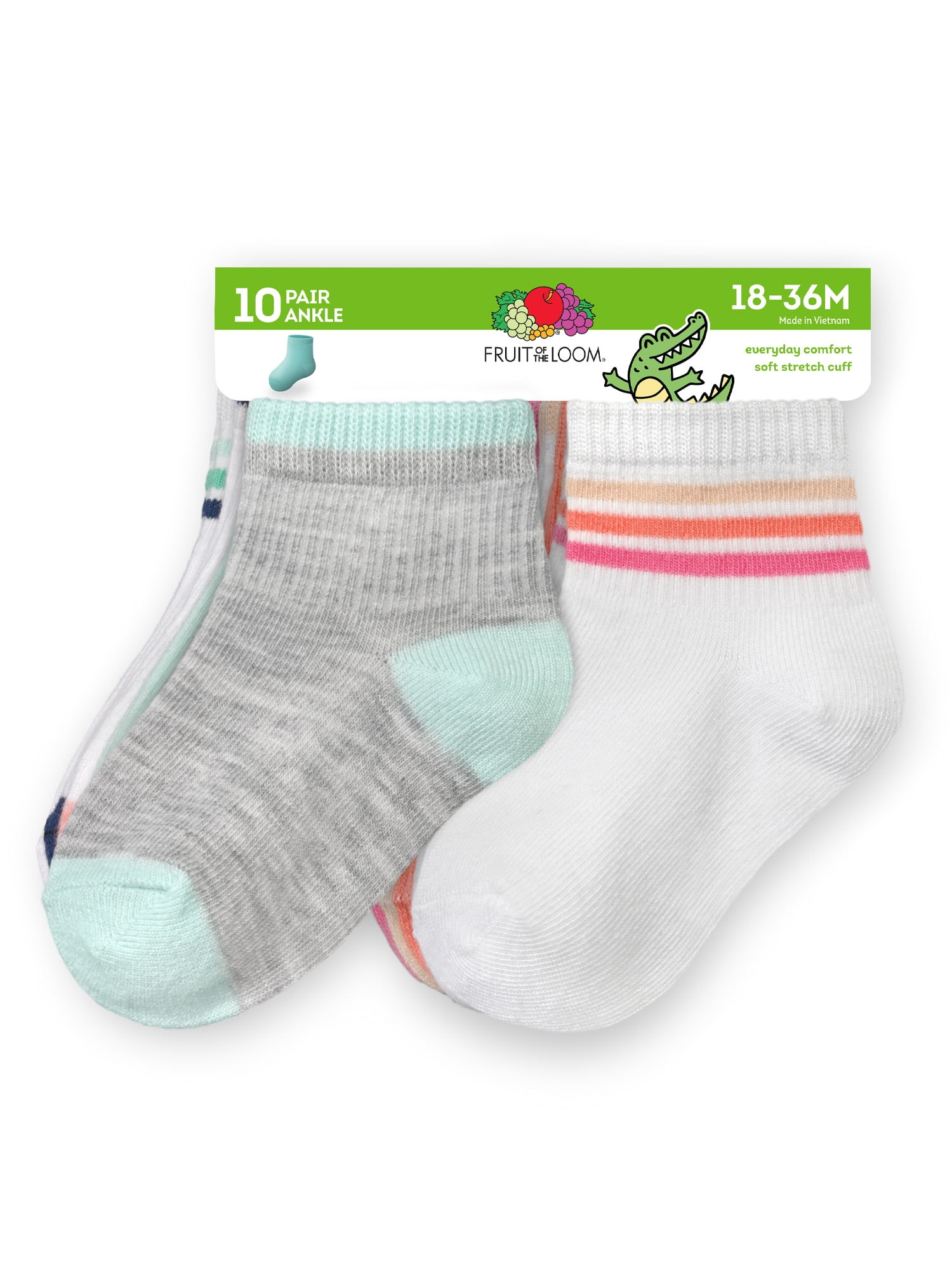 Fruit of the Loom Toddler Ankle Socks, 10- Pack, Size 6M-5T
