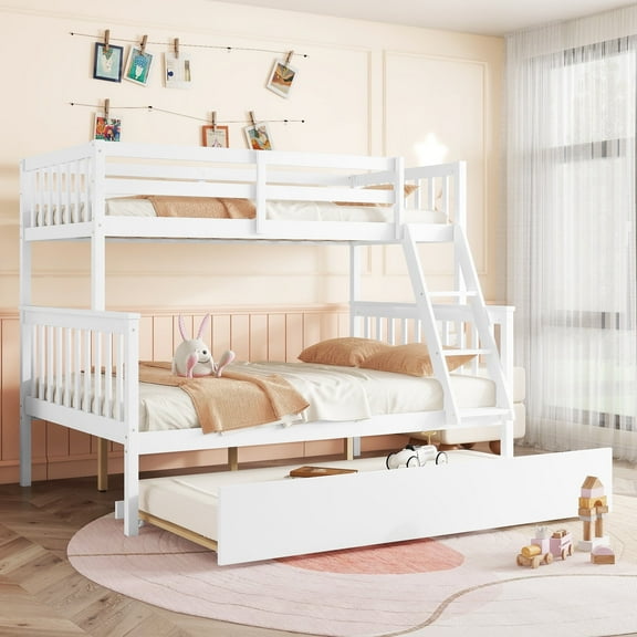 Bellemave Bunk Bed with Trundle, Twin Over Full Wood Bunk Bed with Twin Size Trundle, Rubber Wood Bunk Bed Frame with Guardrail and Ladder Convertible 3 Bed in 1 Bunk Bed, White