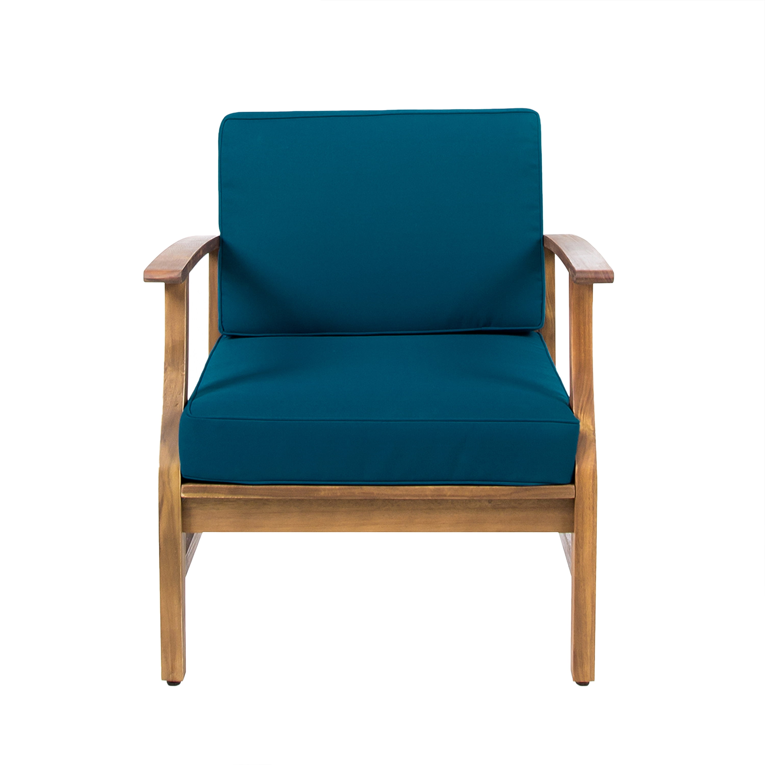 Karla Outdoor 4 Seater Acacia Wood Club Chairs with Cushions and Fire Pit,Brown,Teak,Blue
