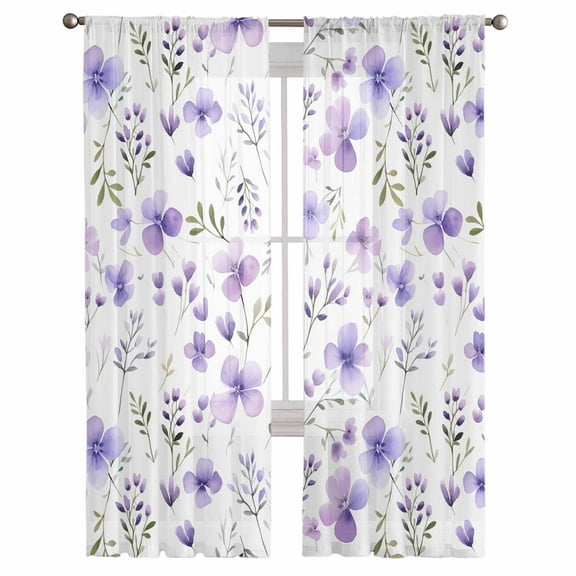 Purple Spring Floral Semi Sheer Curtains 108 Inch Length 2 Panels Set, Pastoral Botanical Watercolor Sheer Kitchen Curtain Privacy Voile Window Curtain for Living Room Bedroom Rod Pocket Drapes