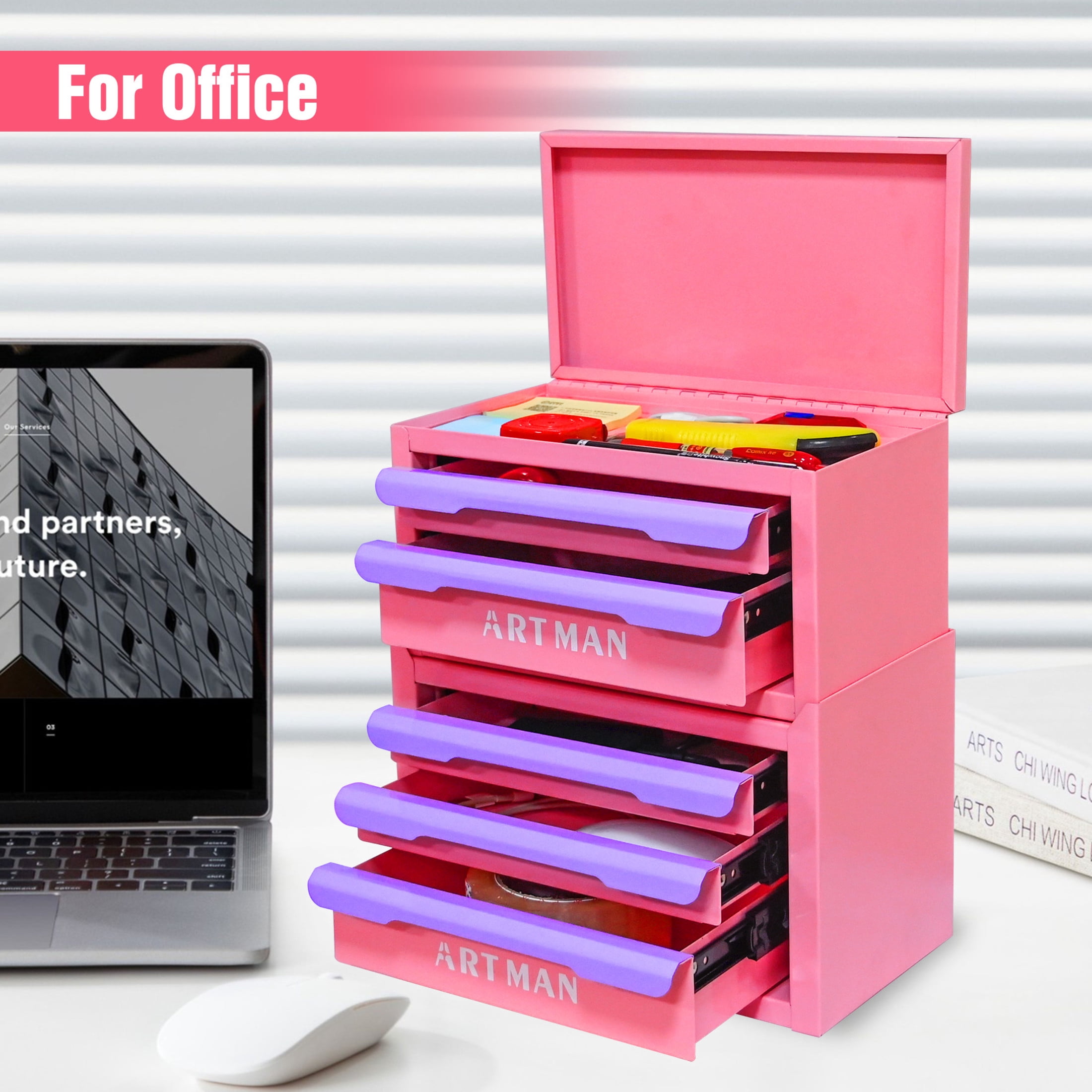 Noble House Carola Drawer-Style Desktop Storage Box, 5-Tier Stackable Steel Organizer Rack, Light Pink & Purple