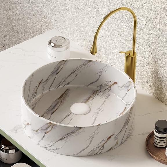 14" Round Vessel Ceramic Sink - Glossy White Stone Pattern, Faucet & Cabinet Not Included, Recommended Pop-up Drain Without Overflow