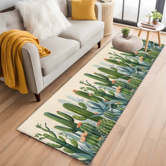 Green Cactus Kitchen Runner Rug 2x6 Washable Runners for Hallway Non Slip Watercolor Summer Botanical Beige Large Area Rug Indoor Floor Carpet for Bathroom Laundry Entryway Bedroom Living Room