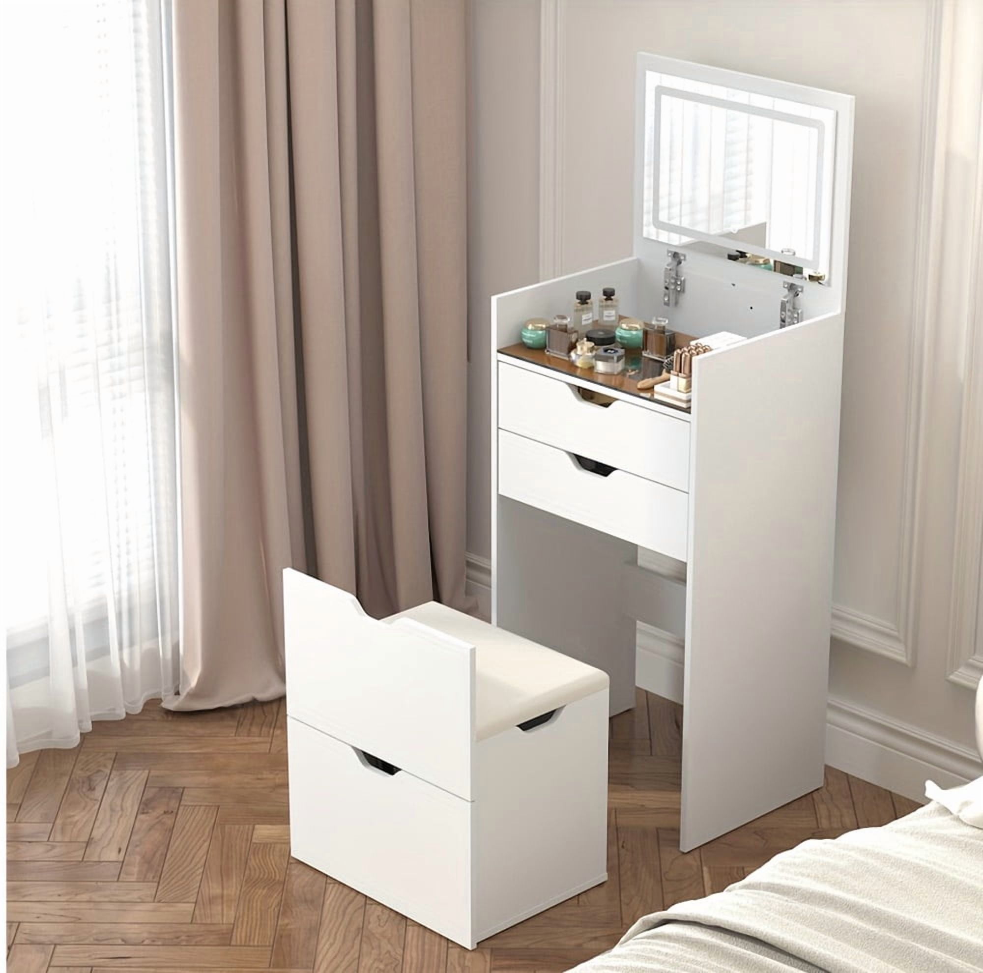 Homy Casa Vanity Table & Bench Set with Flip-Up LED Mirror, Storage Stool, White