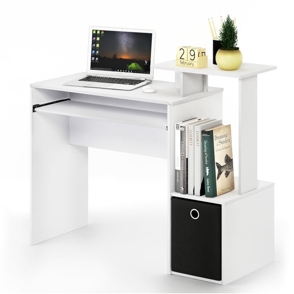 Plain White/Black Computer Desk with Keyboard Tray, Raised Side Shelf,