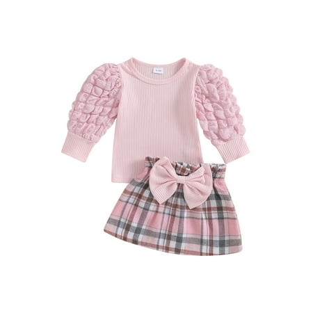 

Hirigin Adorable Toddler Girls Fall Outfits: Long Puff Sleeve Tops + Plaid Skirt