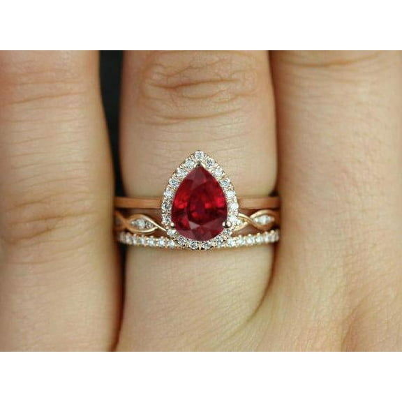 Bridal Set on Sale 1.50 carat Pear Cut Ruby and Diamond Bridal Trio Wedding Ring Set in Rose Gold: Bestselling Design