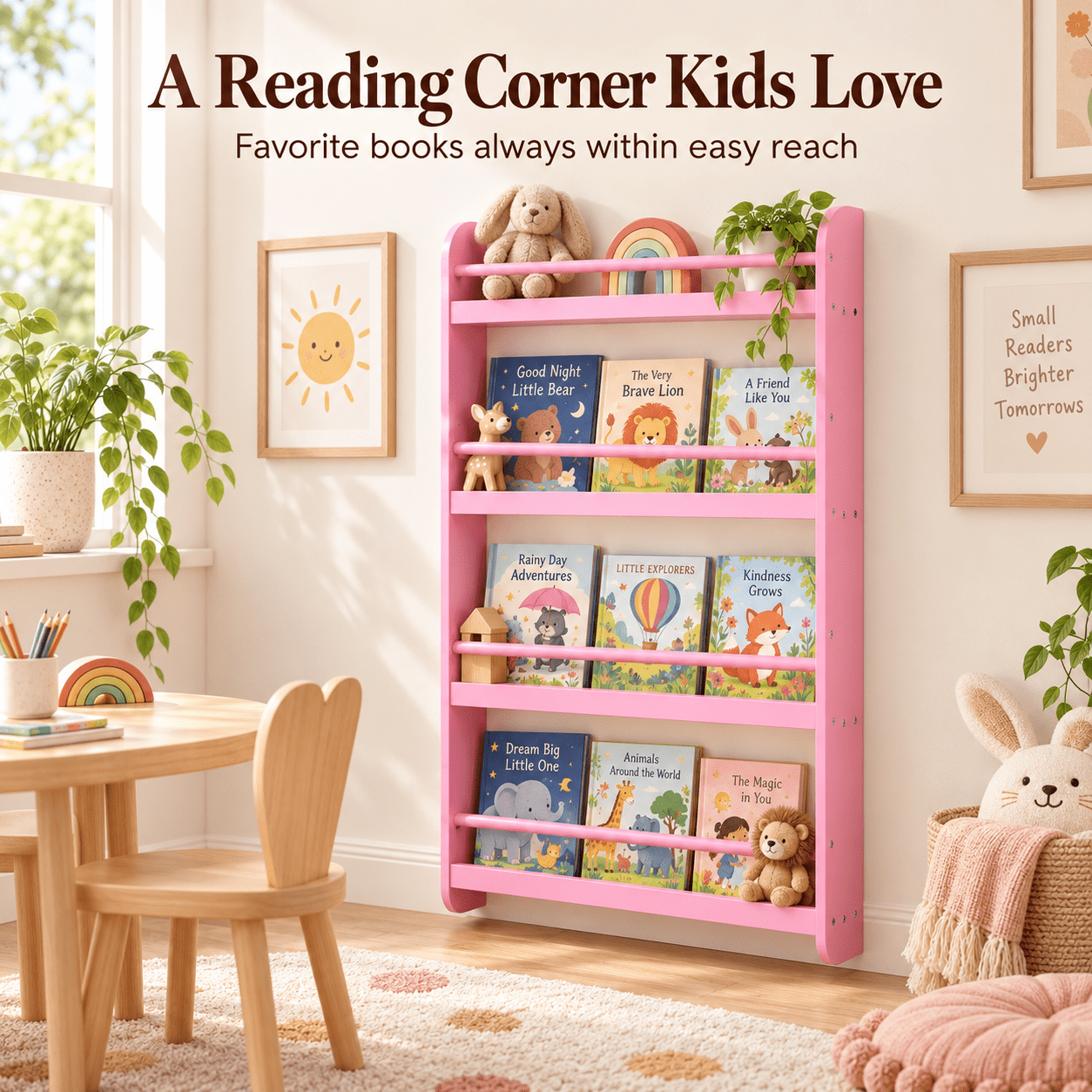 Furnibear 4-Tier Wall Bookshelf for Kids, Front-Facing Nursery Bookcase with Display Shelves for Books and Toys, Space-Saving Bedroom Storage, Pink