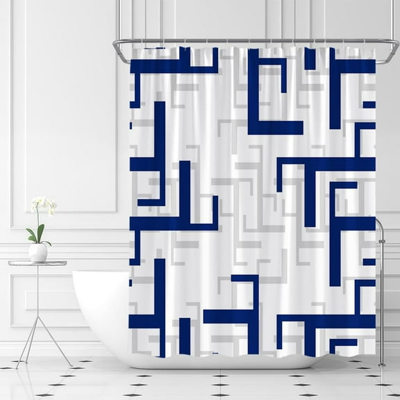 Moder Geometric Shower Curtain Navy Blue Gray Abstract Mid Century Contemporary Minimalist Striped Decor Polyester Fabric Include Hooks 60"W x 72"L (Pack of 1)