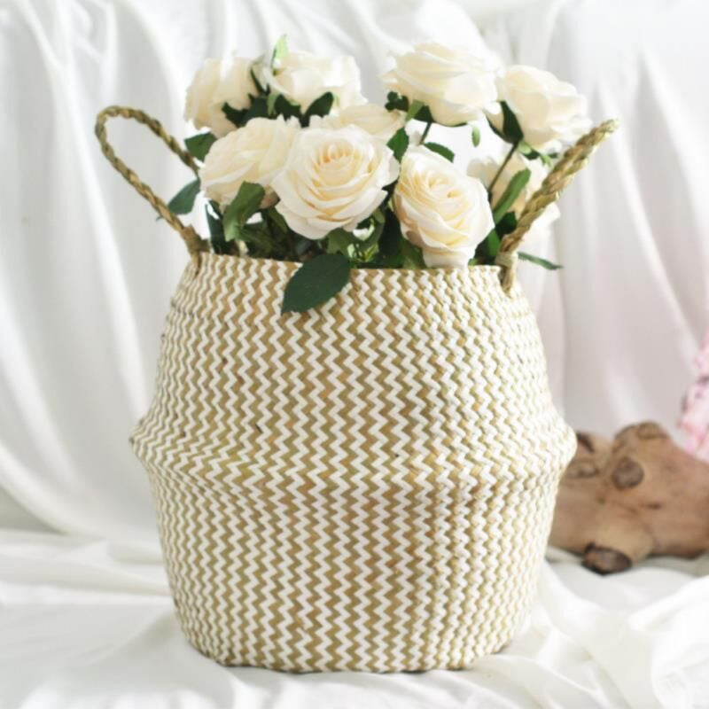 Natural Plush Woven Seagrass Tote Belly Basket Storage Laundry Picnic Plant Pot 