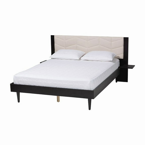 Baxton Studio Adriano Beige Fabric and Black Wood Queen Size Bed with Tables