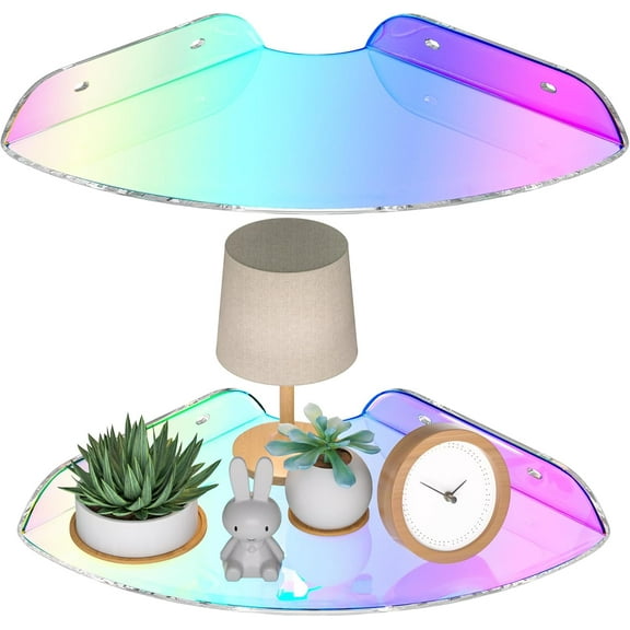 7x7 Inch Corner Shelf Wall Mount Set of 2, Iridescent Acrylic Corner Floating Shelves, Corner Wall Organizer Shelf for Bathroom, Kitchen, Bedroom, Living Room, Dining Room, Office