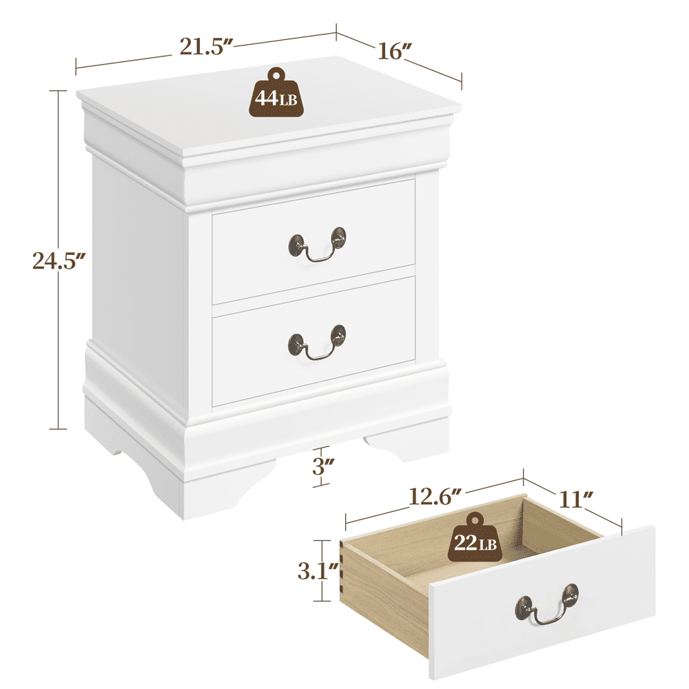 Renwick Modern 2-drawer Classic Side Table for Bedroom, White