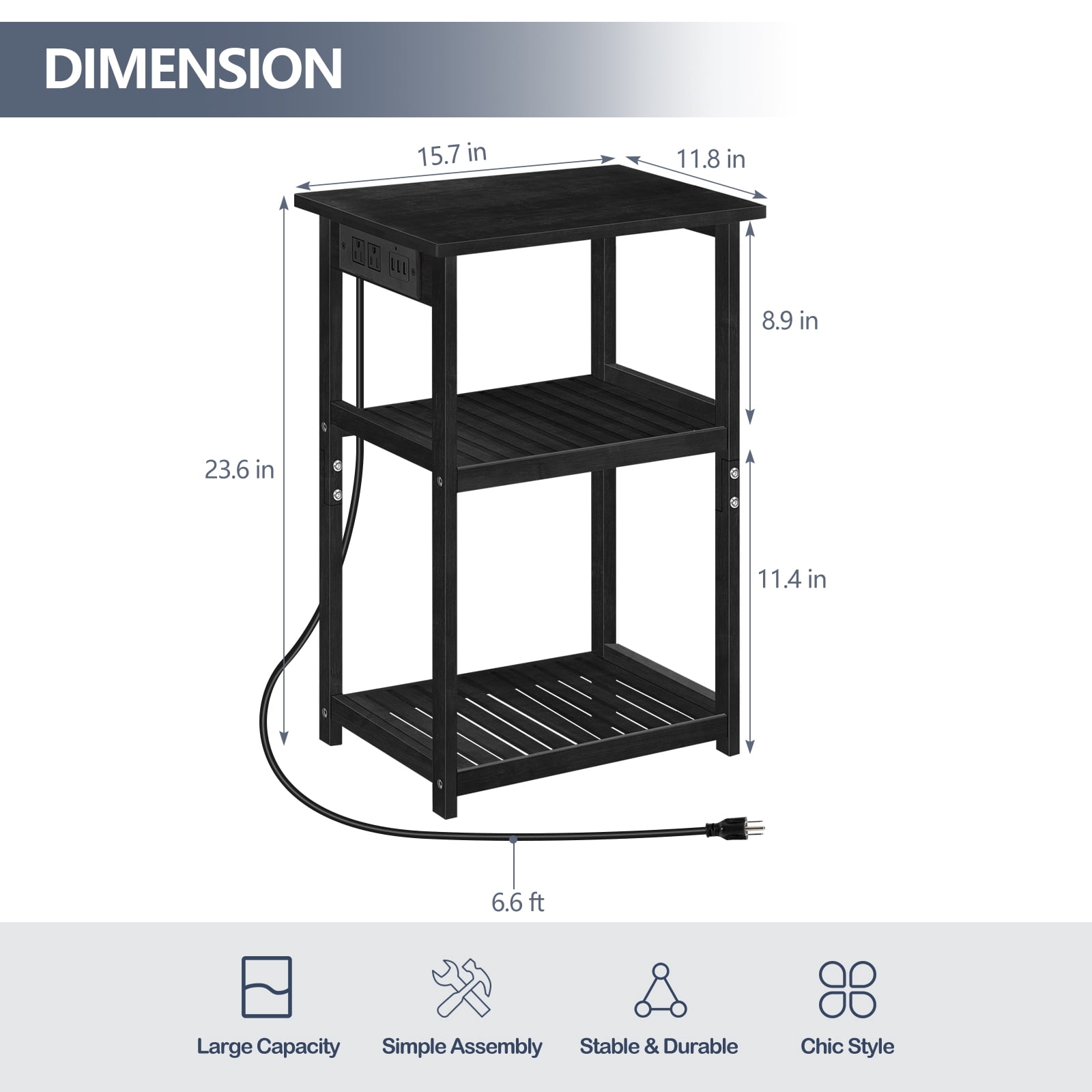 Black Bamboo Nightstand with Charging Station, 3鈥慣ier Open Shelf End Table for Bedroom Living Room