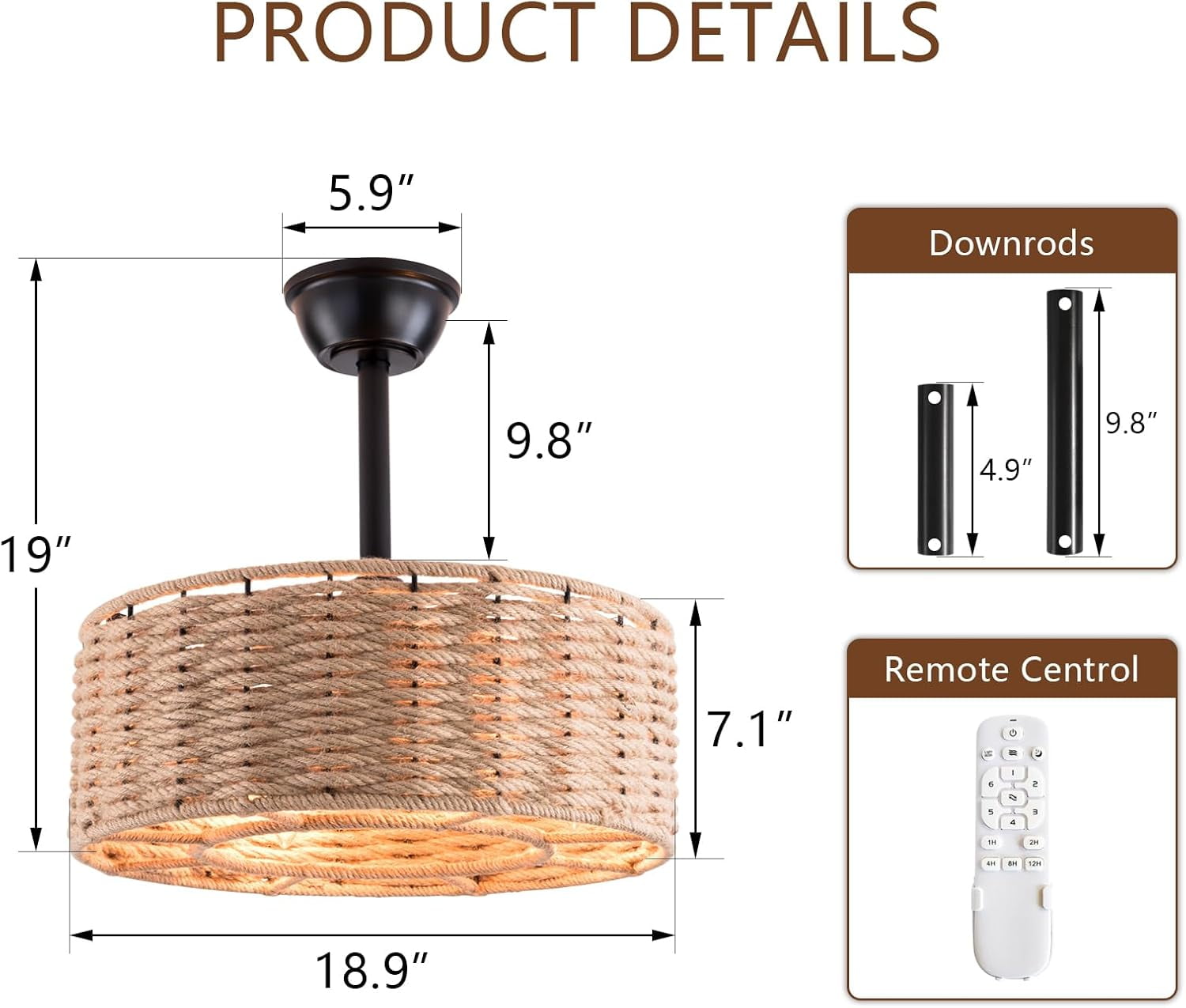 Maxax 19" Boho Caged Ceiling Fan with Light, Rattan Chandelier Ceiling Fan with Lights and Remote Control, 6 Speeds Reversible Timing Fandelier Ceiling Fan with Lights for Bedroom, Living Room