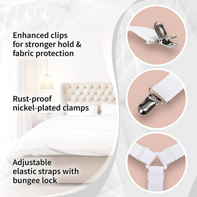 4Pcs Bed Sheet Straps, Sheet Holders for Corners, Full Mattress Cover Fitted  Sheet Clips to Hold Sheets in Place, Premium Nickel plated Bed Sheet Clips  with Adjustable Bed Bands